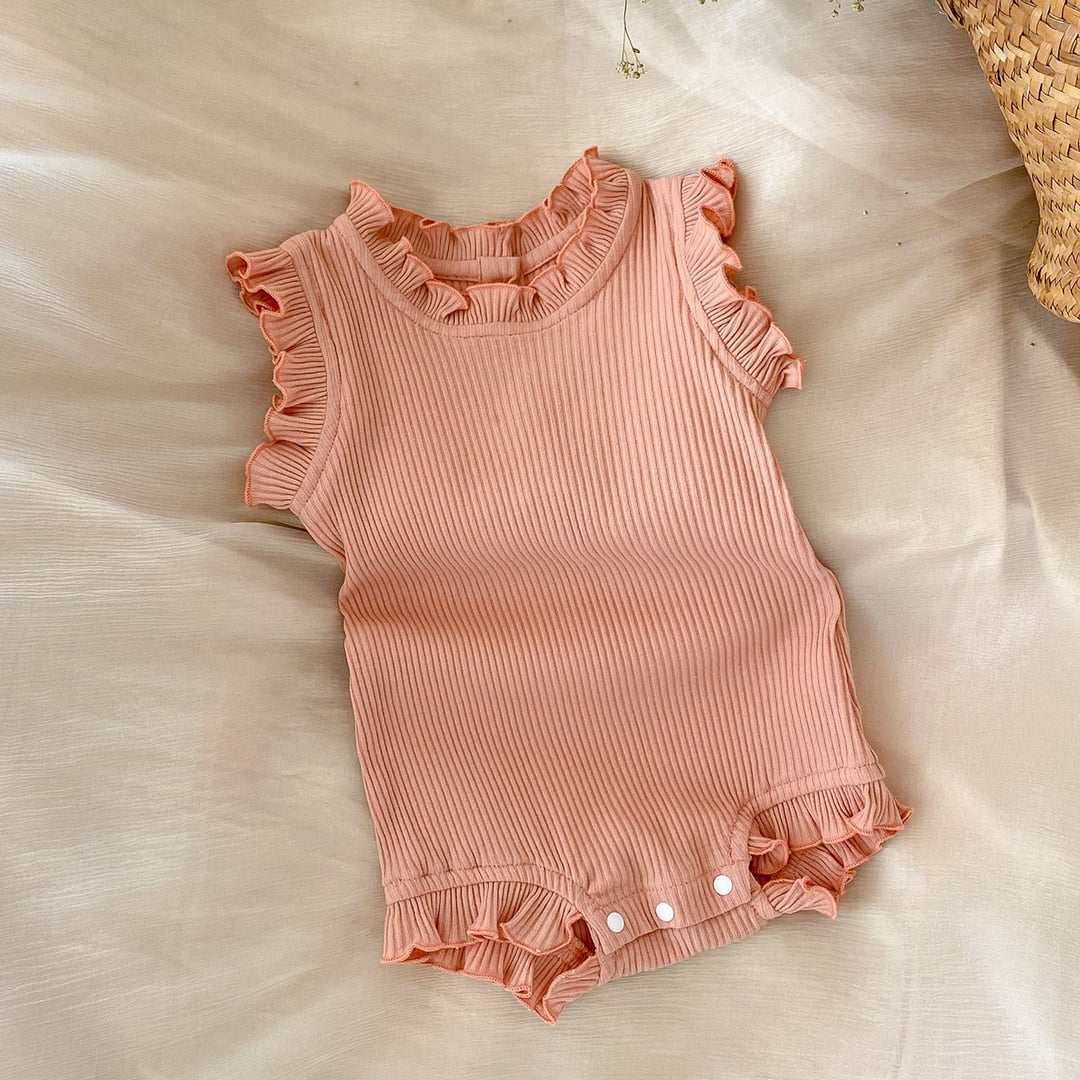 Ribbed Baby Romper Set, Ruffle Trim Girls Onesie with Drawstring Big Butt Pants, Spring Summer Outfit