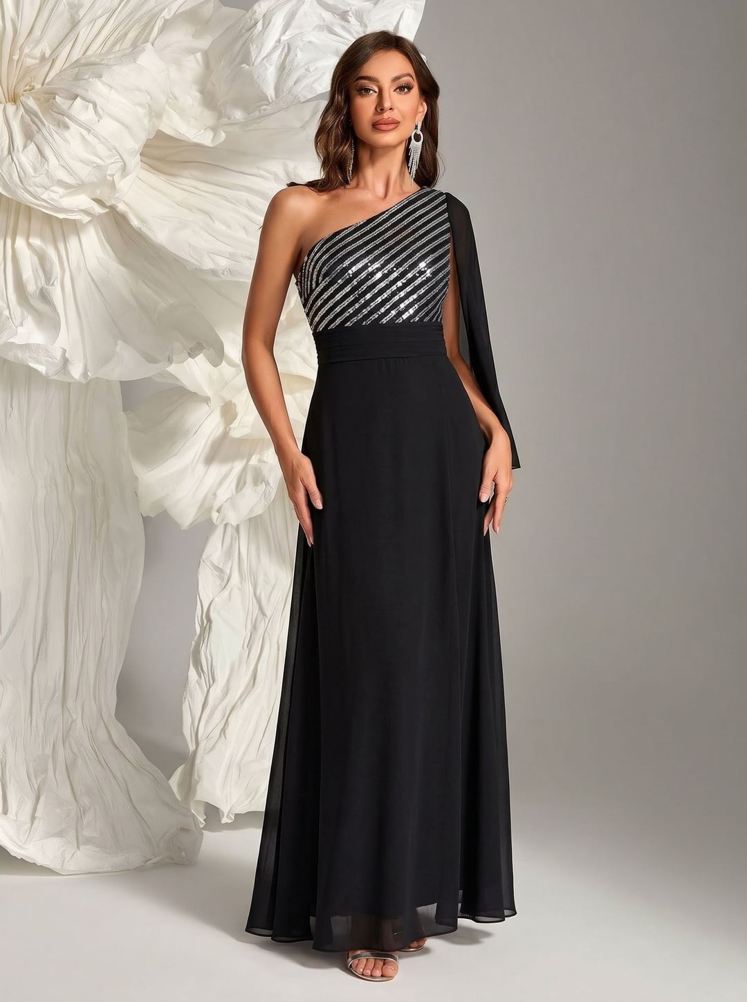 One Shoulder Flowy Split Sequin Spliced Elegant Midi Maxi Dress