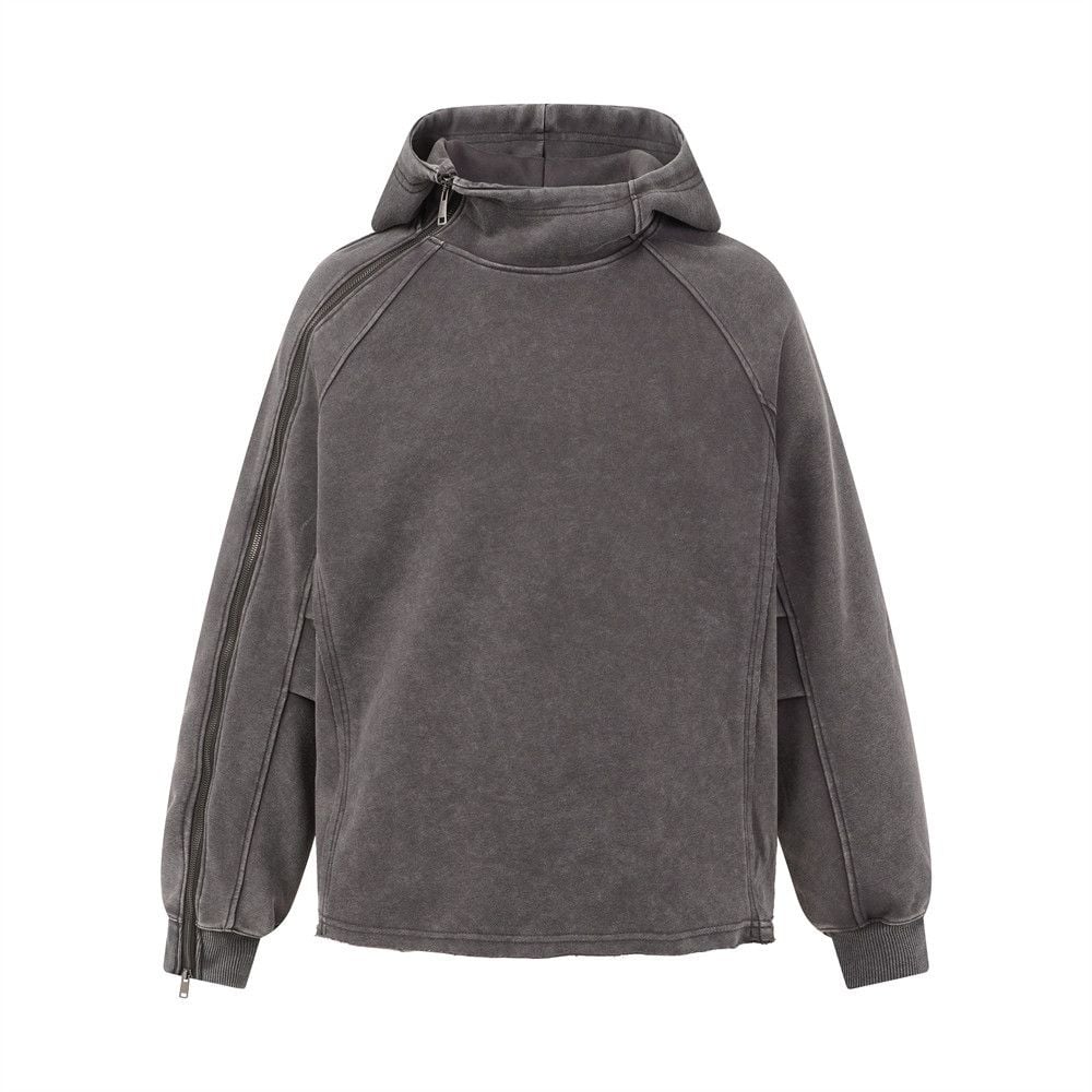 Men Pullover Hoodie | Wasteland Washed Distressed Finish, Diagonal Asymmetric Zipper, Niche Design, Oversized Fit, Spring‑Autumn Wear