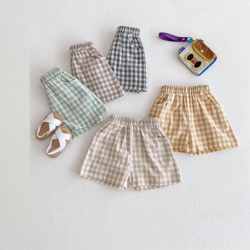 Boys Plaid Linen Cotton Shorts, Thin Breathable Casual Home Shorts for Summer