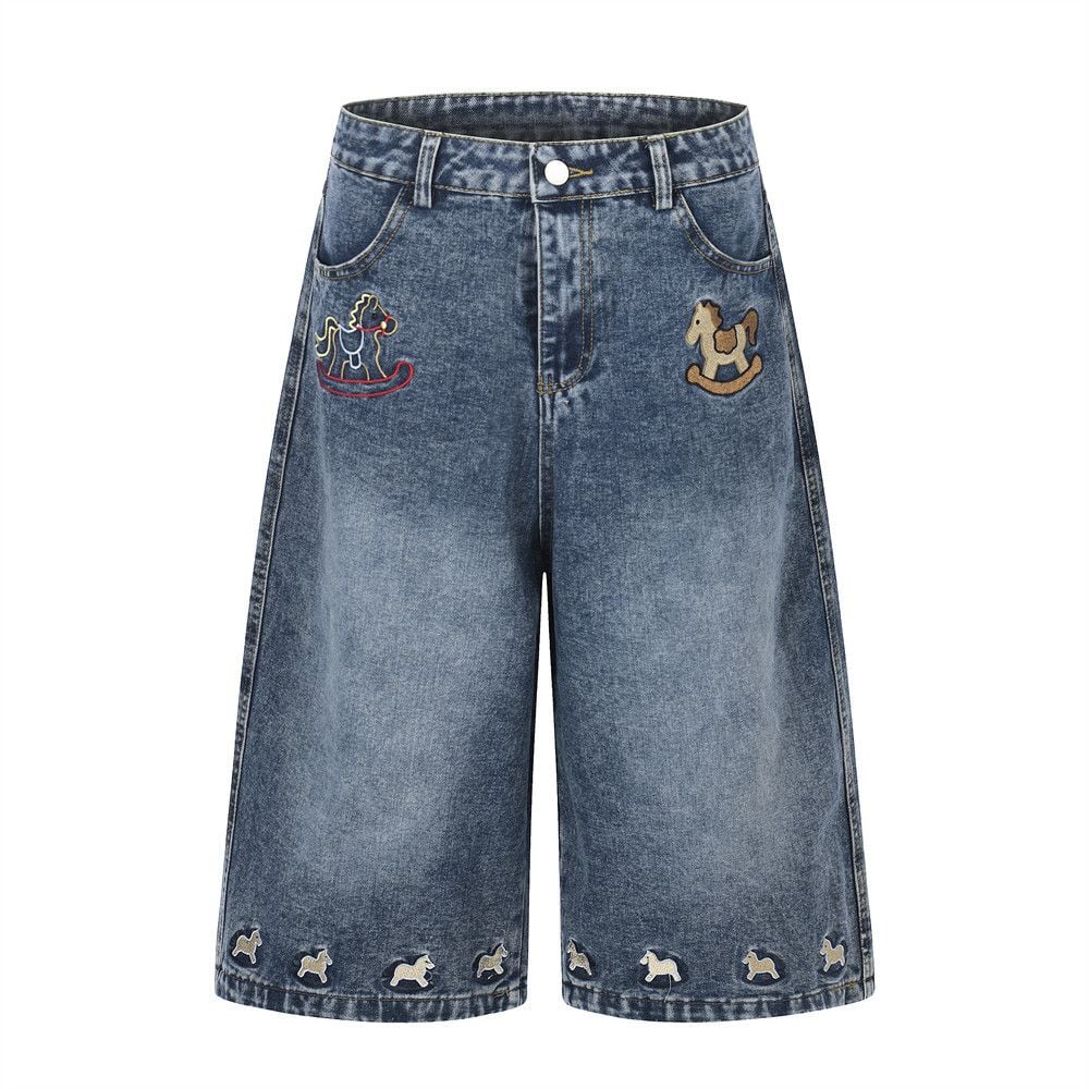 Men’s American Vintage Cartoon Carousel Horse Embroidered Denim 3/4 Shorts, Washed Distressed Cargo Loose Wide‑Leg Straight Pants