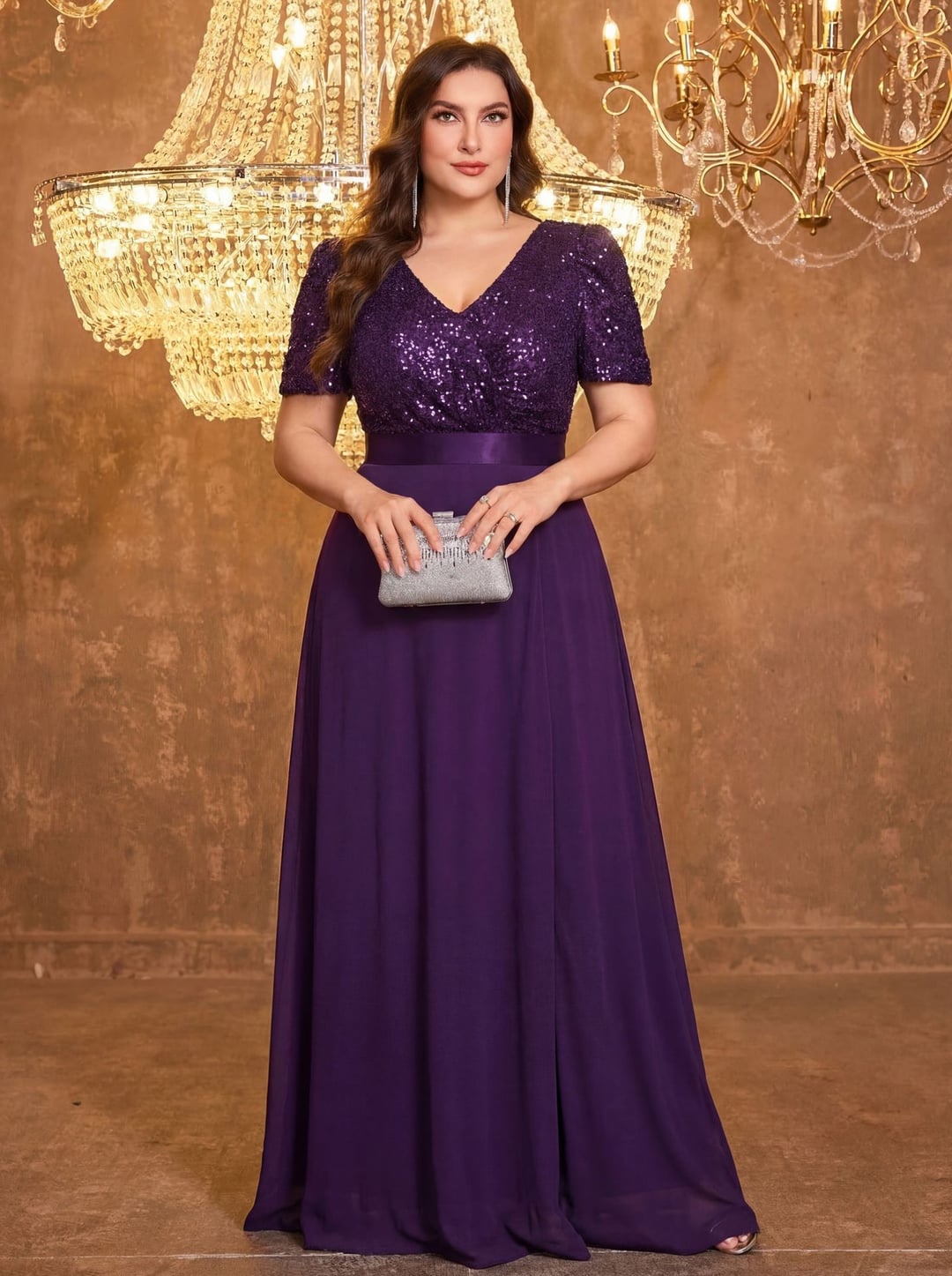 Plus Size European American V-Neck Long Sleeve Split Sequin Elegant Evening Dress