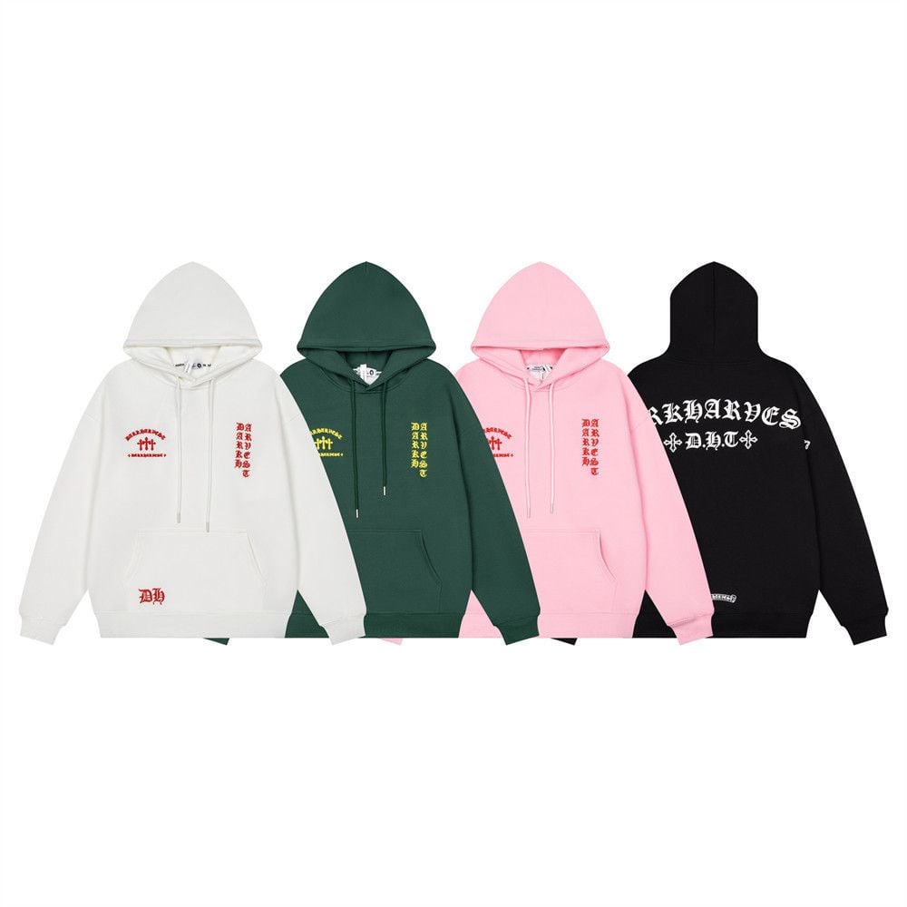 Dark Tone Cross & Sanskrit Gothic Letter Embroidered Hoodie, Men's Trendy Loose Pullover Sweatshirt Spring Autumn
