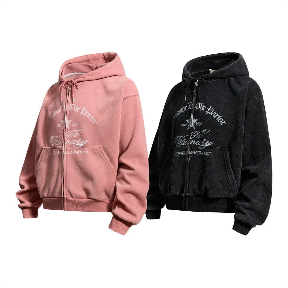 Men Vintage Distressed Letter Print Cropped Zip‑Up Hoodie, Loose Casual Sports Outerwear for Spring Autumn