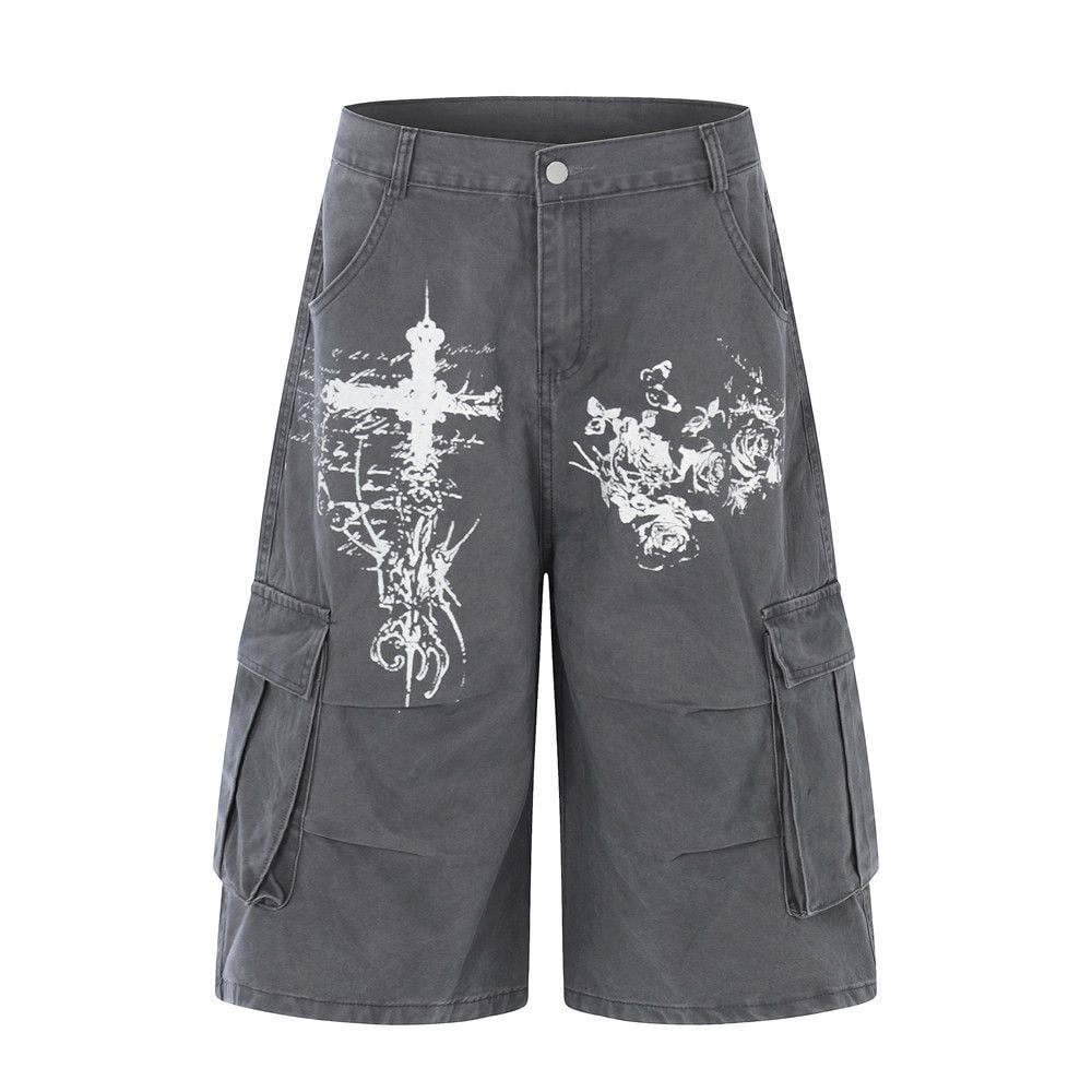 Men's American High Street Cross Printed Cargo Five-Point Shorts Summer