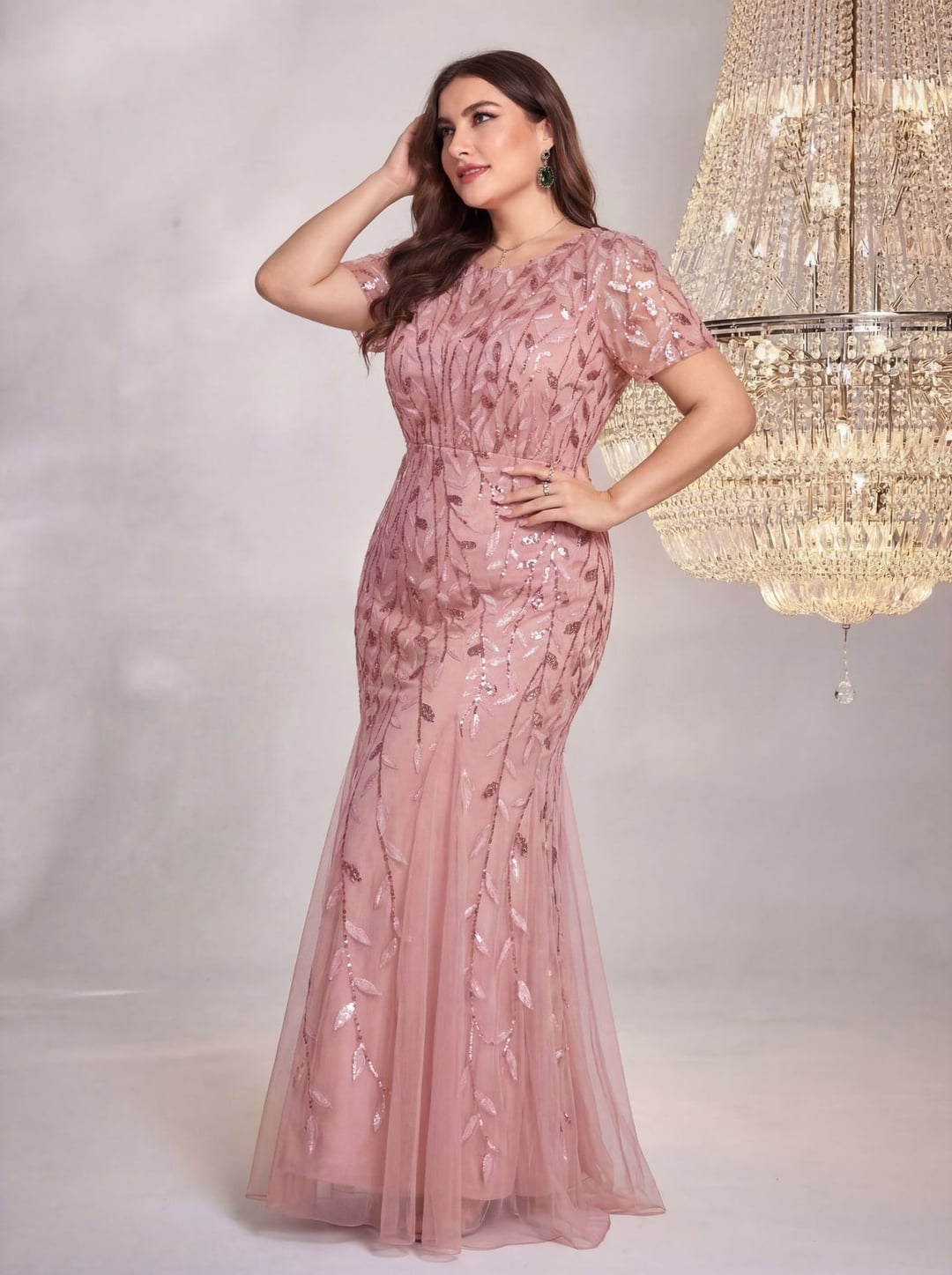 Plus Size Women Dress, European & American Style, V-neck Long Sleeve Slit Sequin Elegant Dress