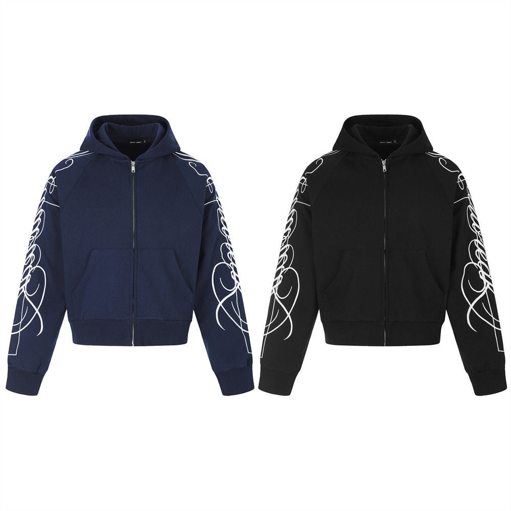 Men’s Zip‑Up Hoodie, High‑Street Streetwear Brand With Cursive Letter Embroidery, Stylish Design Casual Sweatshirt Jacket for Spring & Autumn