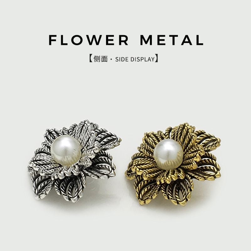 Vintage Hollow Metal Buttons with Pearl Flower Design, Versatile Garment Fasteners