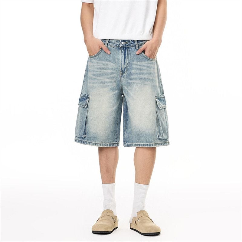 Men's American Vintage Washed Denim Cargo Shorts, Loose Casual Fit