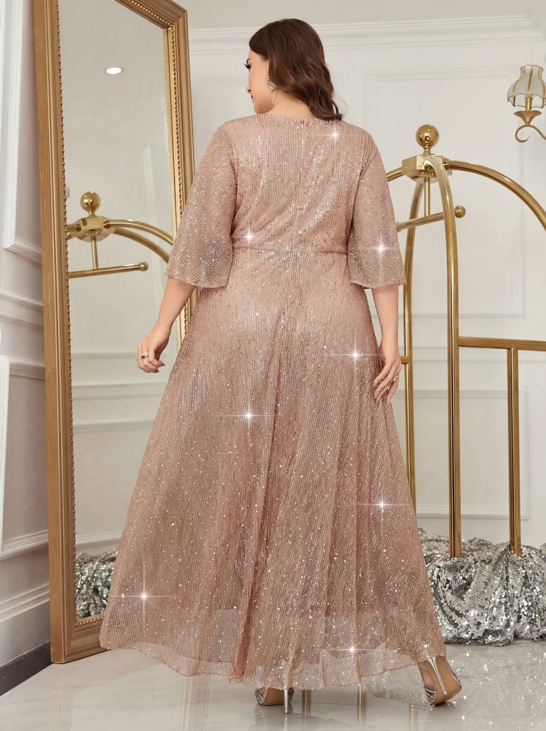 Plus Size Women European Style V-neck Long Sleeve Slit Sequin Elegant Dress