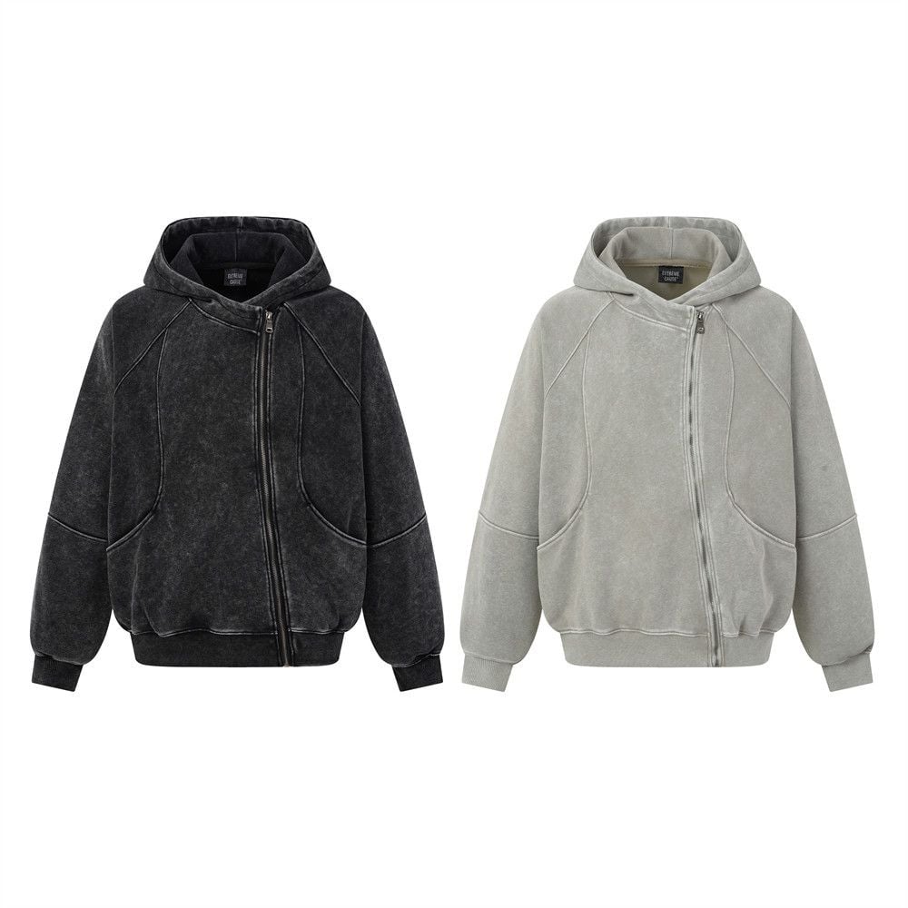 Men Washed Distressed Zip‑Up Hooded Cardigan, Loose Deconstructed Spliced Street‑Style Sweatshirt, Unique Diagonal Zipper Outerwear for Spring Autumn