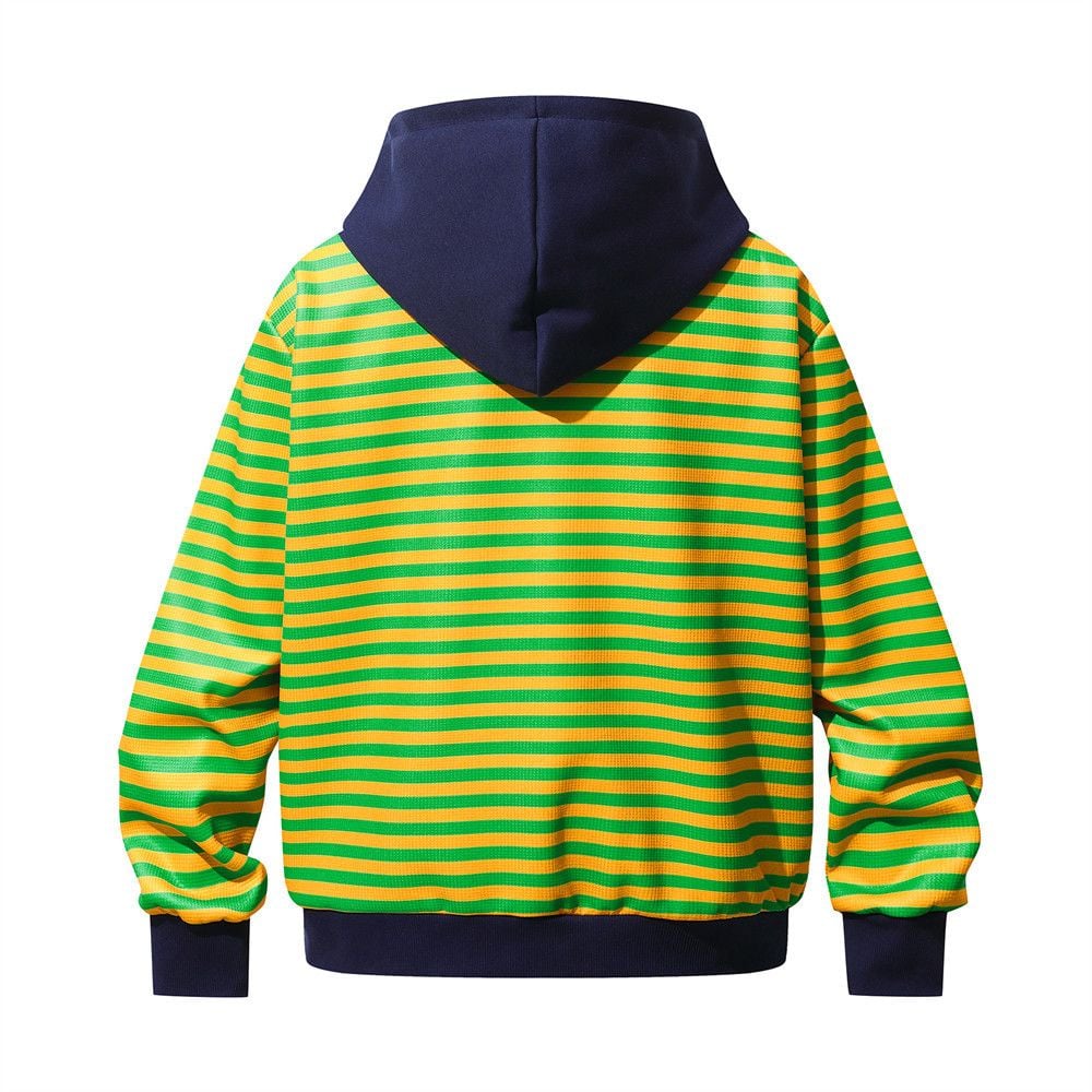 Men American‑Style Striped Letter Print Zip‑Up Hoodie, Loose Street‑wear Casual Sweatshirt Jacket for Spring and Autumn