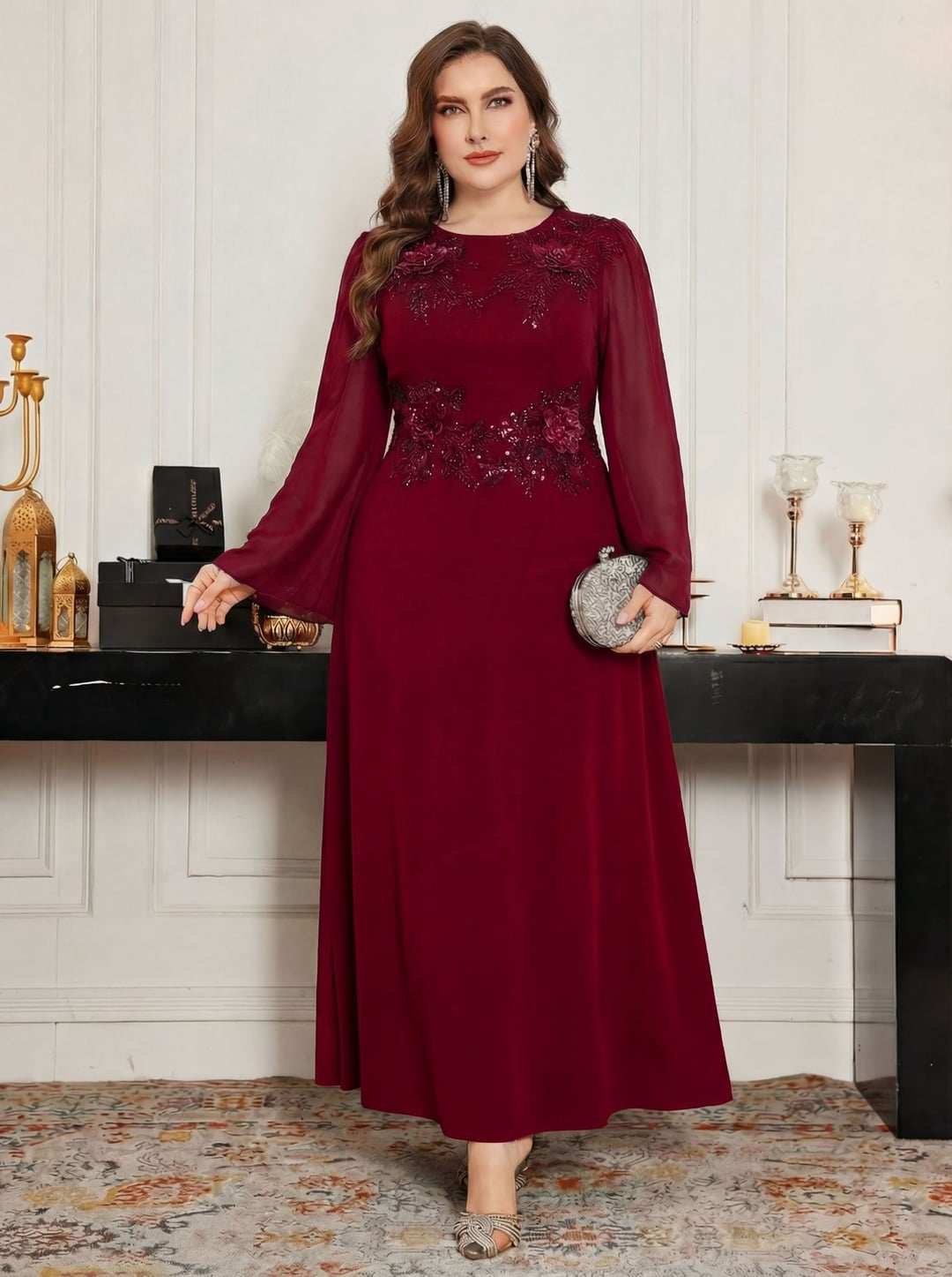 Elegant Plus Size Sequin Bridesmaid Gown, Round Neck Pearl Beaded Evening Dress