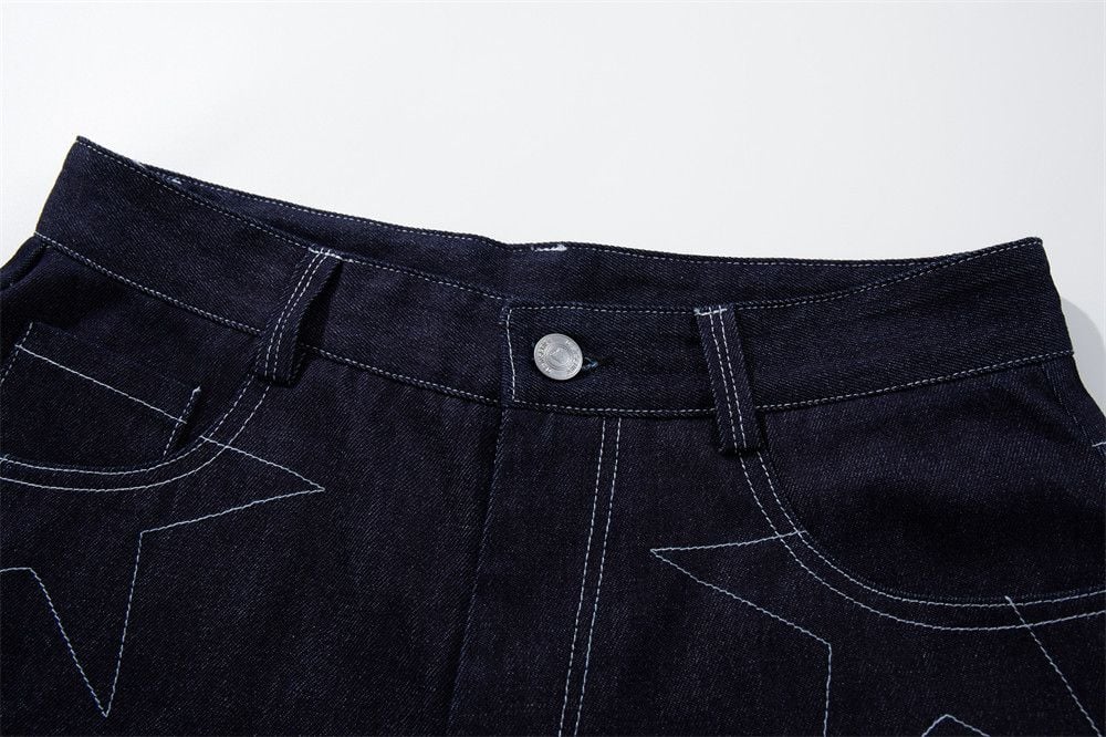 Men’s Summer Denim 5‑Inch Shorts, Loose Straight‑Fit, Star Topstitching Detail, Niche Stylish Multi‑Pocket Design