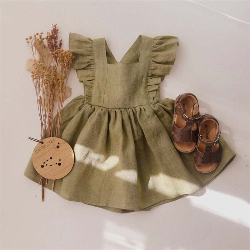 Spring & Summer Cotton Linen Baby Girls Outfit, Ruffled Princess Dress for Toddlers