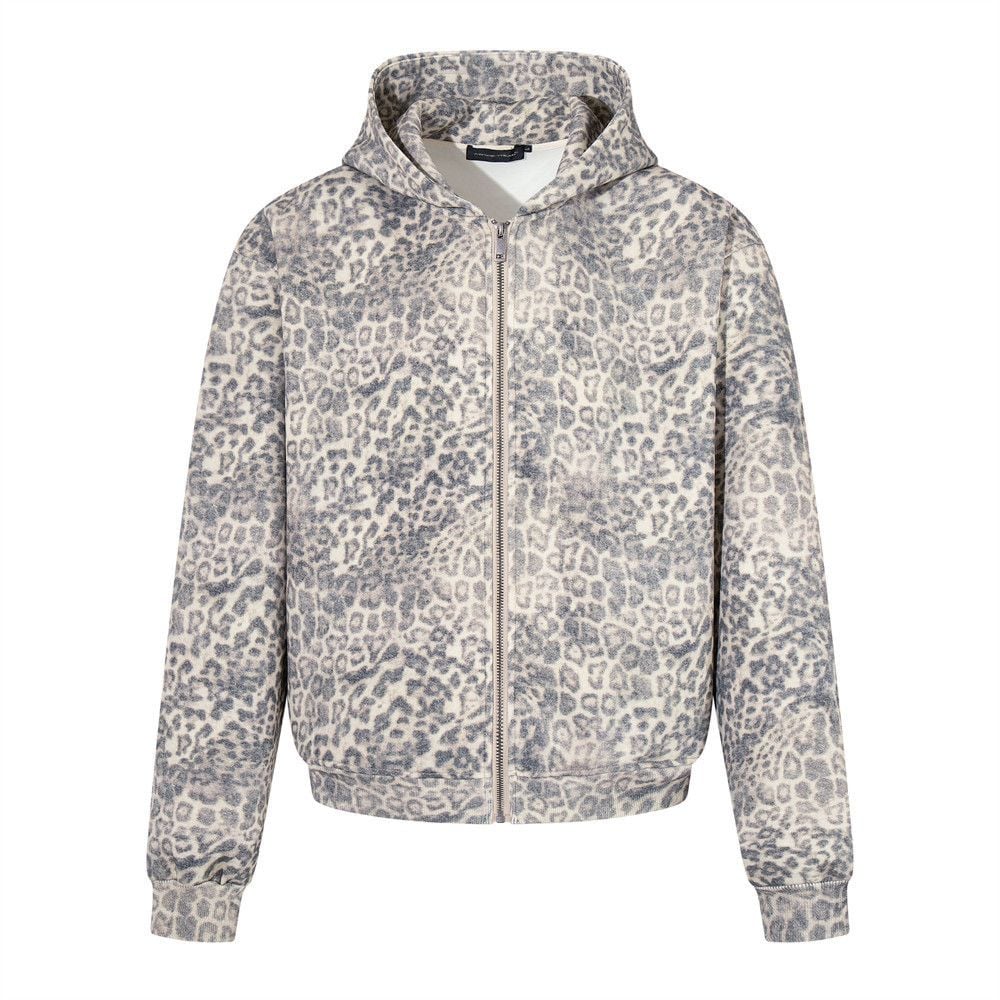 Men Vintage Washed Leopard Print Pullover Hoodie, Punk Niche Street‑Style Loose Casual Sweatshirt Jacket for Spring Autumn