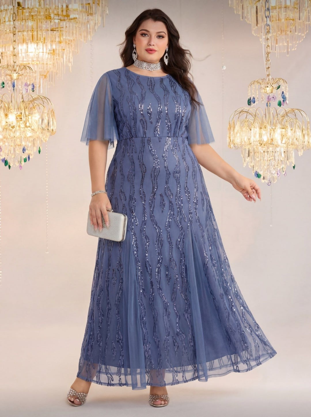 Plus Size Elegant Round Neck Short Sleeve European Style Evening Dress