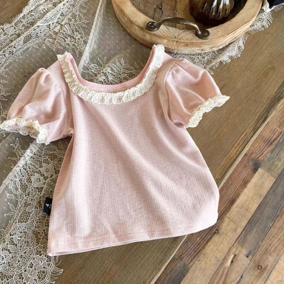 Korean Style Baby Girls Knit Top, Hollow Out Design, Lace Neck & Puff Short Sleeve, Cute Summer T-shirt