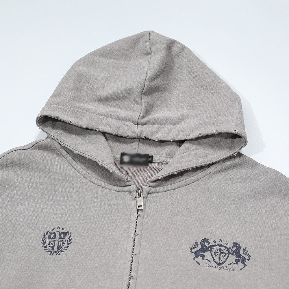 Men Streetwear Zip‑Up Hoodie Jacket, Vintage Print with Distressed Abrasion Finish, Casual Sport Sweatshirt for Spring Autumn