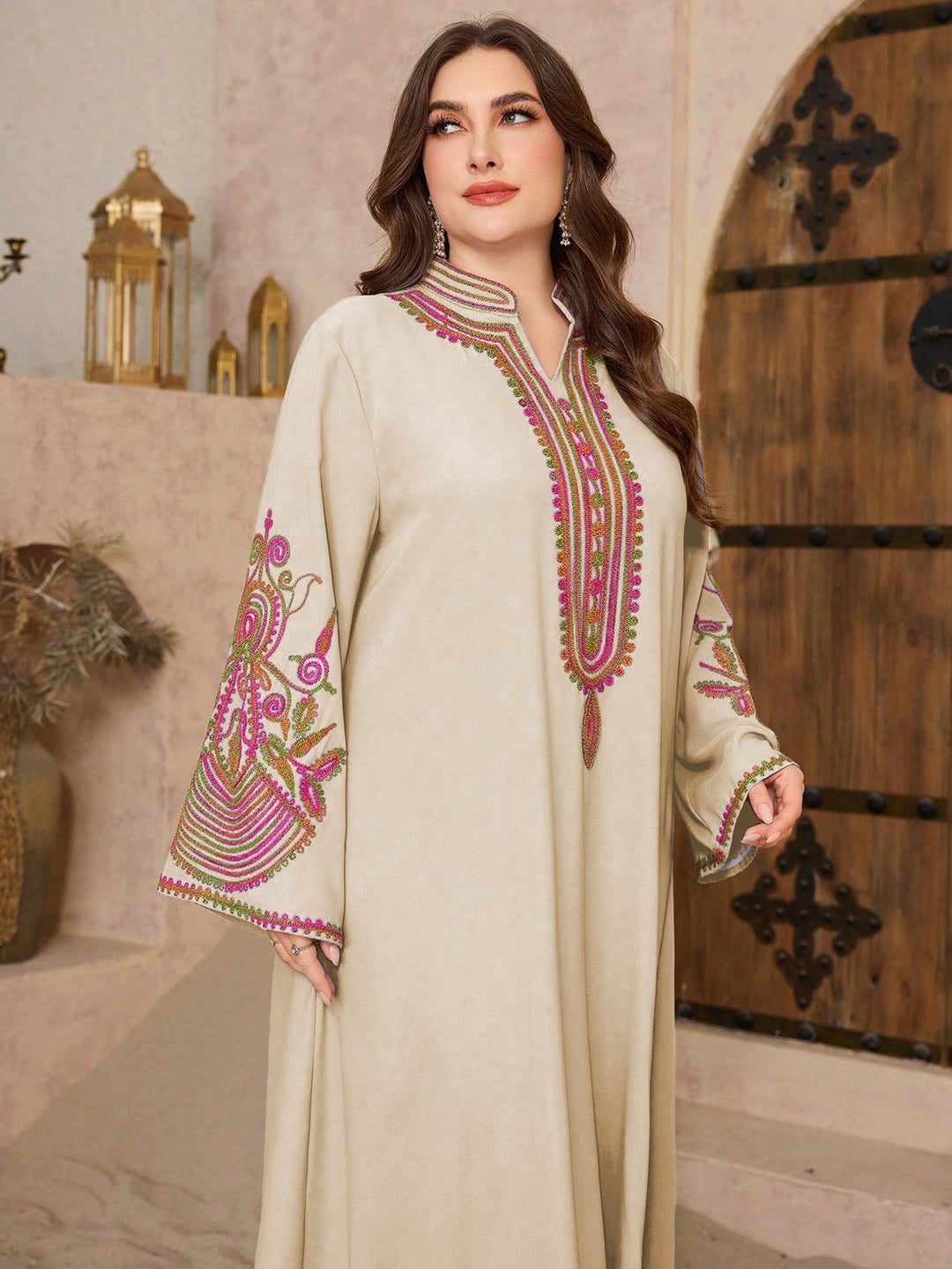 Plus size ethnic style long loose dress, small V-neck, slight satin finish