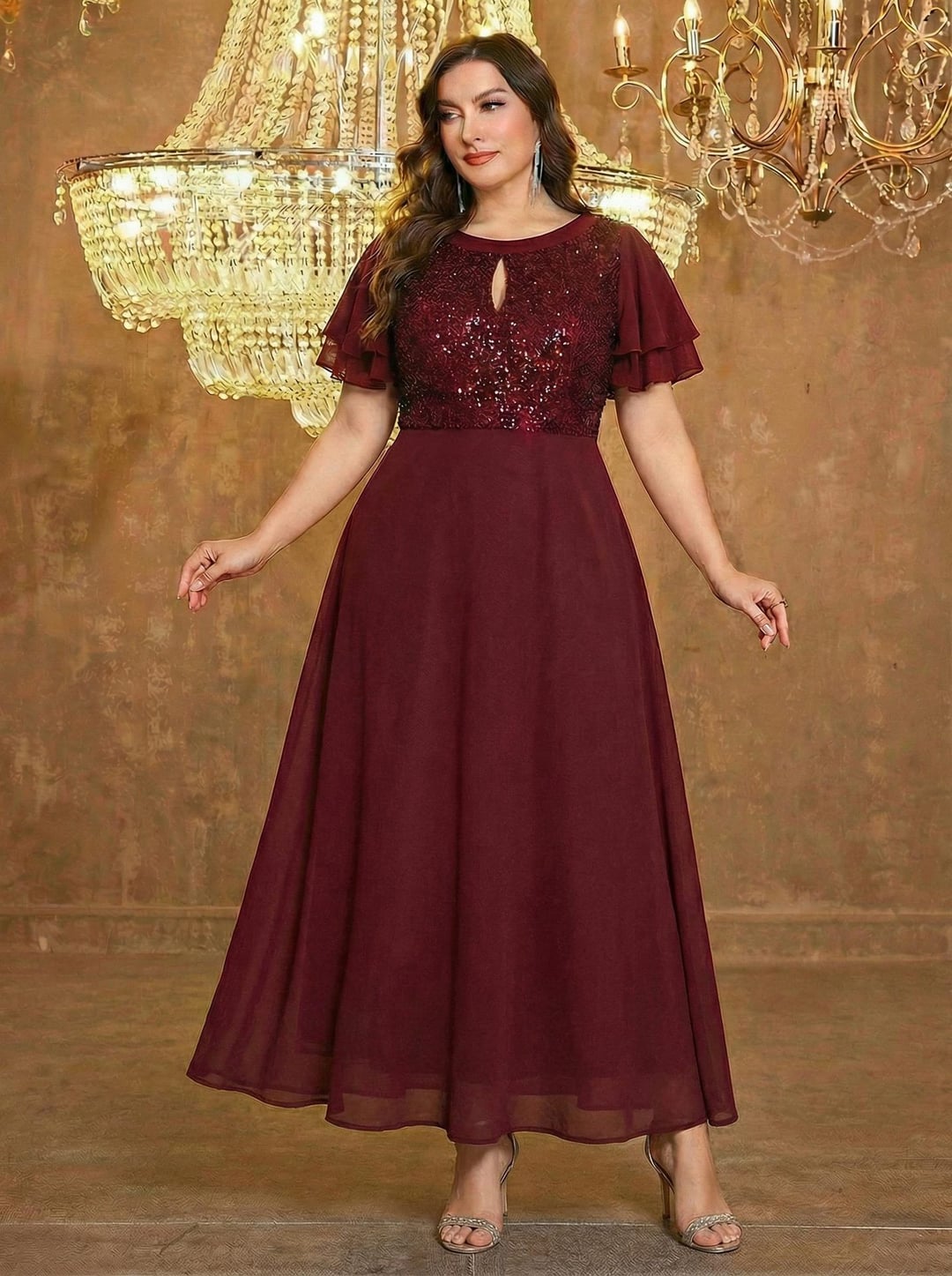 Plus Size Sequin Bridesmaid Dress Chiffon Patchwork Elegant Evening Gown