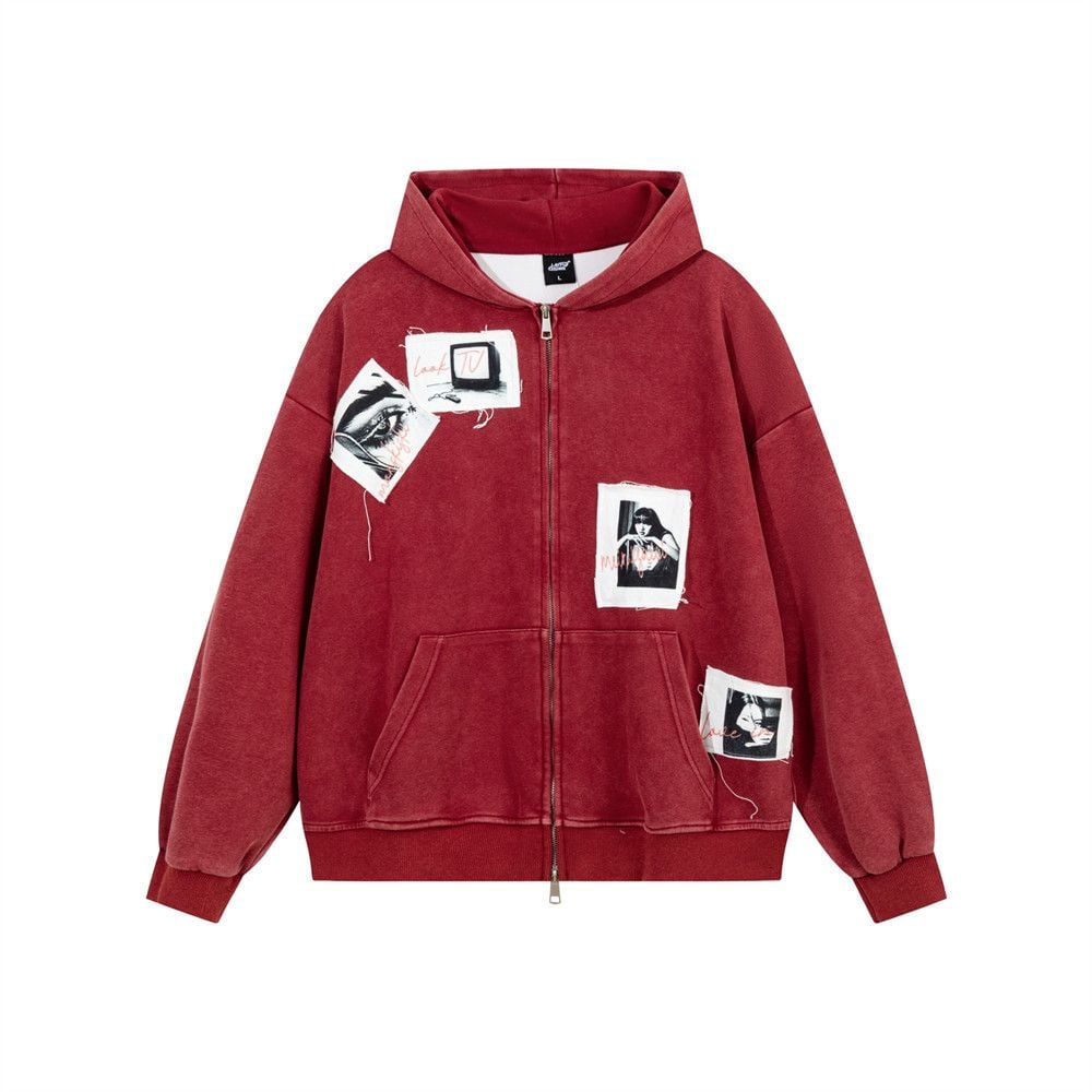 Men’s Color‑Block Patchwork Washed Zip‑Up Hoodie, Hip‑Hop Streetwear Two‑Way Zipper Jacket