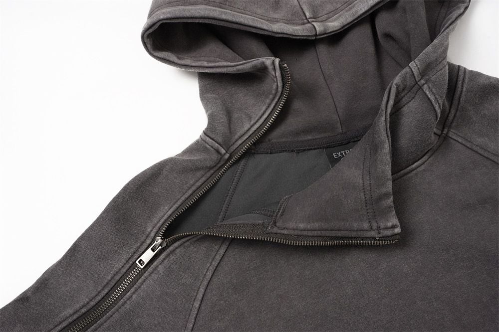Men Pullover Hoodie | Wasteland Washed Distressed Finish, Diagonal Asymmetric Zipper, Niche Design, Oversized Fit, Spring‑Autumn Wear