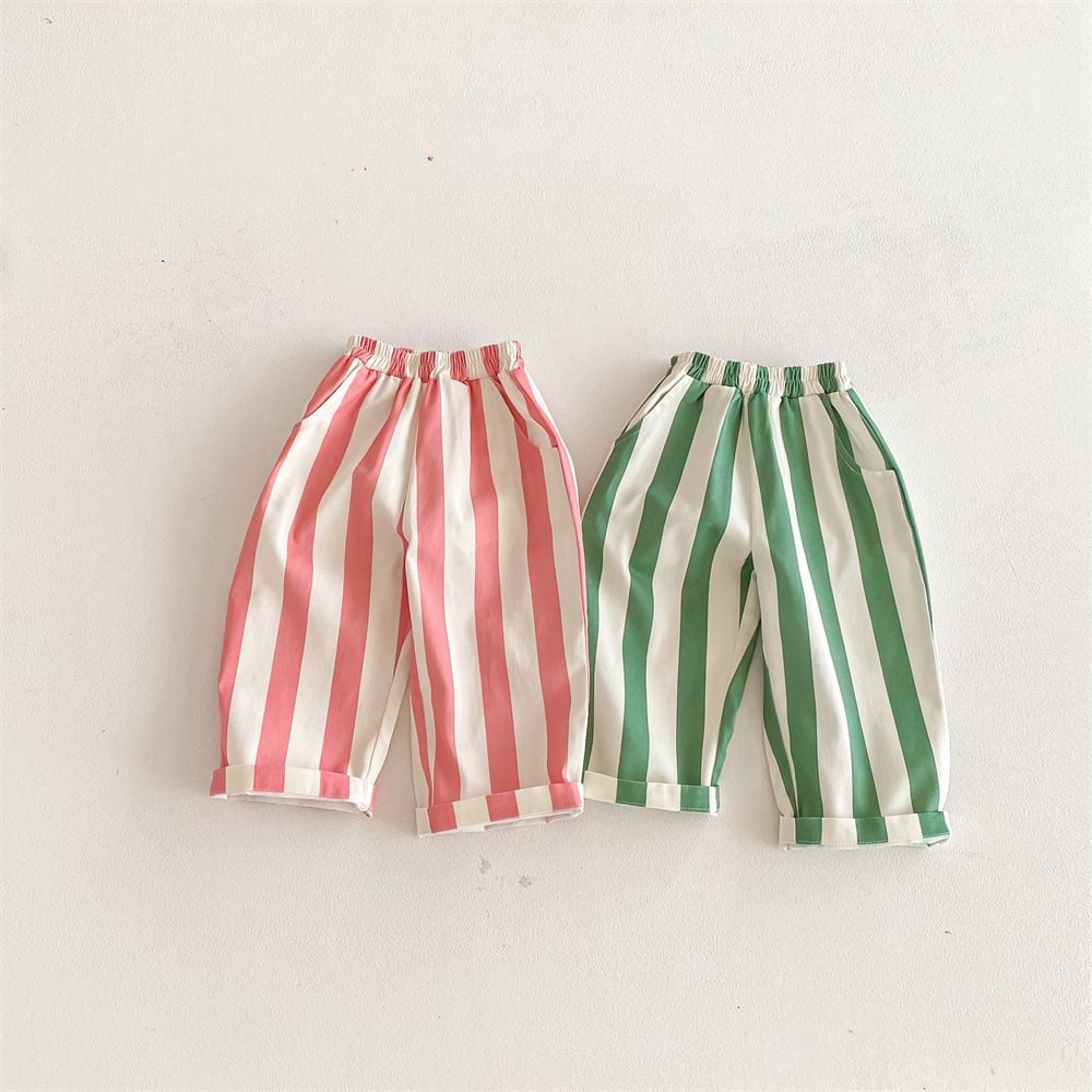 Spring Summer Cotton Striped Pants for Kids, Boys Girls Loose Straight Leg Casual Trousers with Pockets