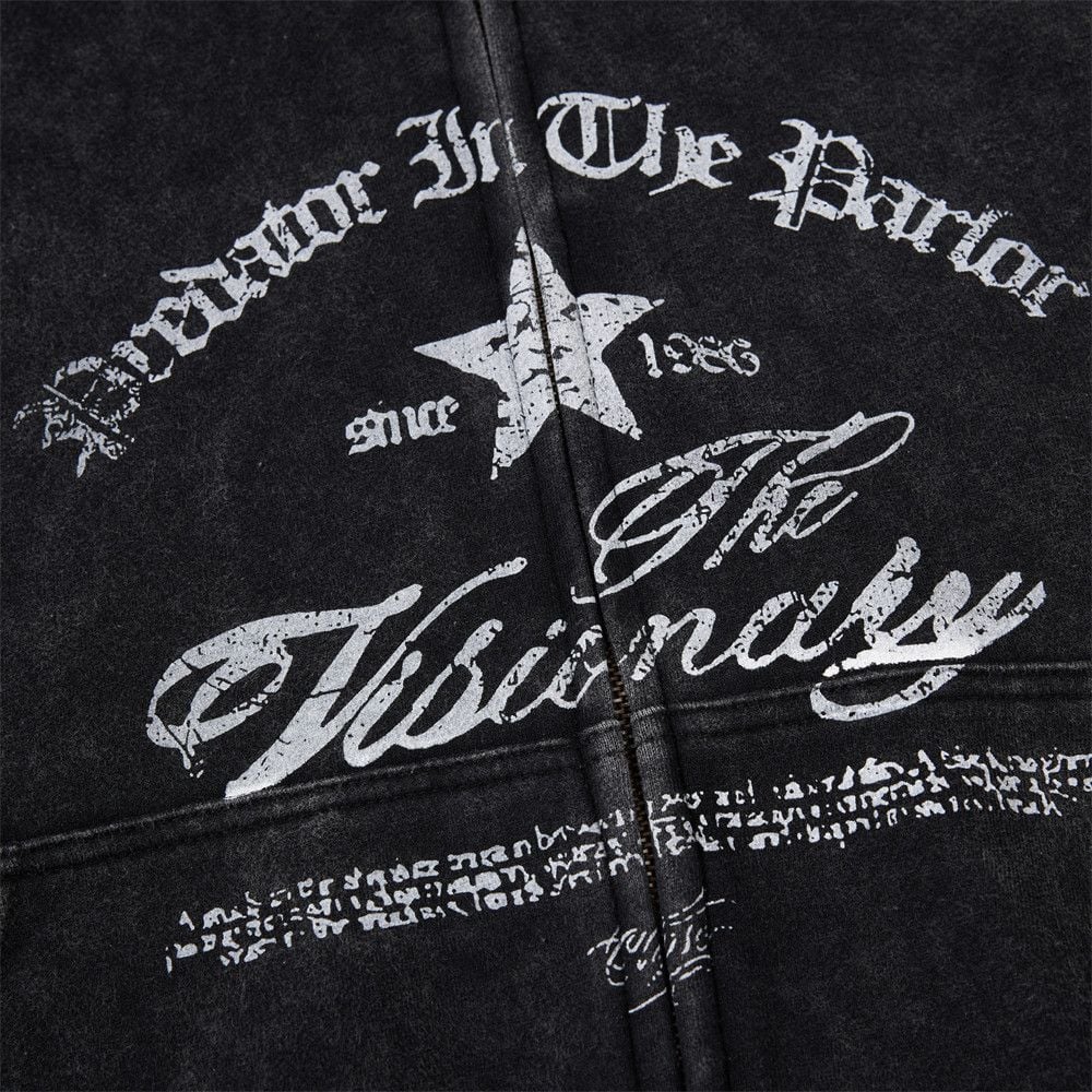 Men Vintage Distressed Letter Print Cropped Zip‑Up Hoodie, Loose Casual Sports Outerwear for Spring Autumn