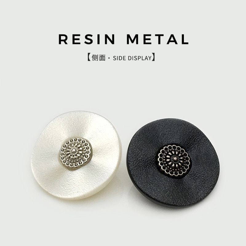 Classic Black & White Resin Buttons, Round Metal Floral Center Buttons