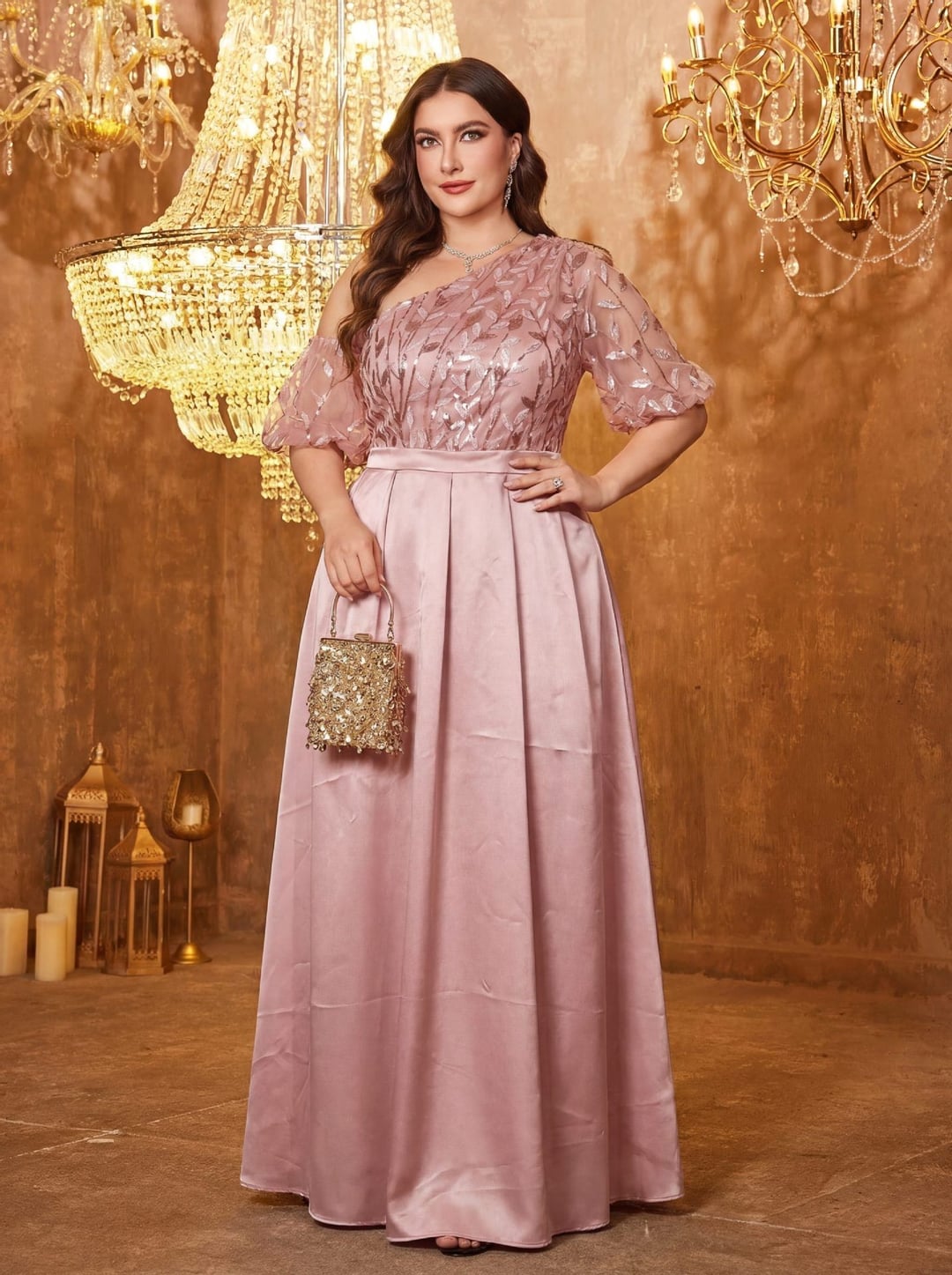 European American V-neck Long Sleeve Split Sequin Elegant Evening Dress