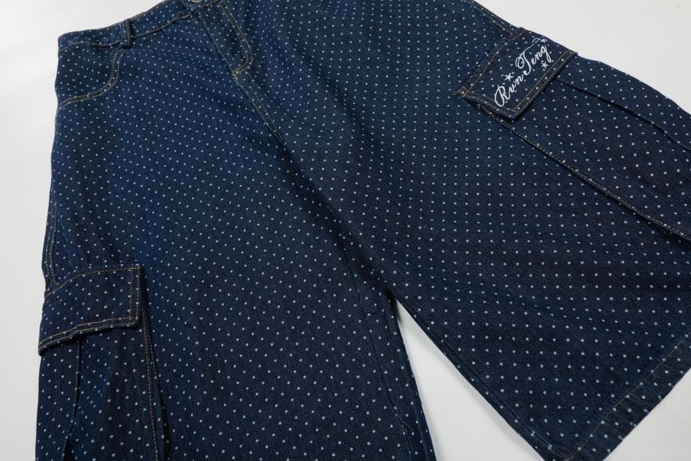 Men's European American trendy brand full print polka dot cargo denim seven-point shorts