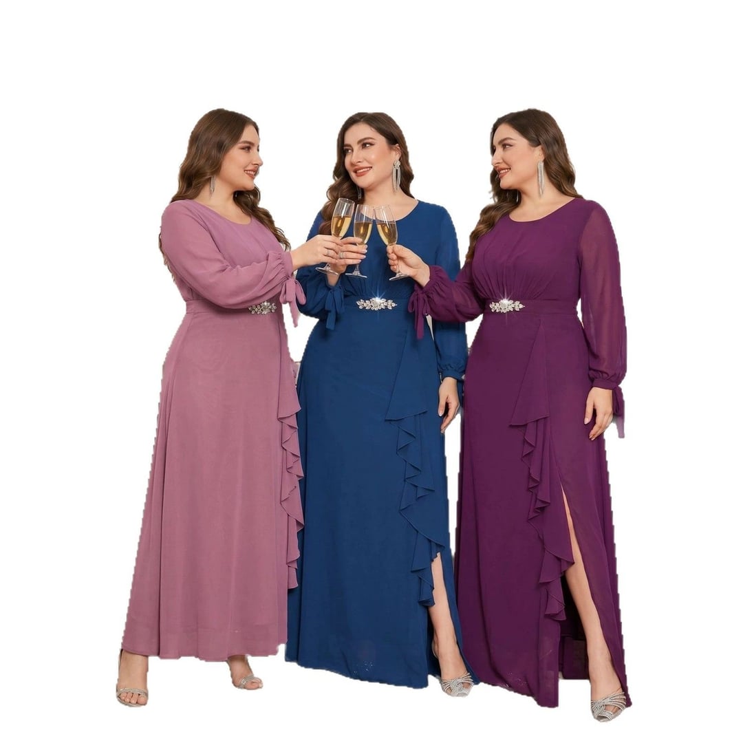 Plus Size Evening Dress, Round Neck, Long Sleeve, Side Slit, Sequin Elegant Design