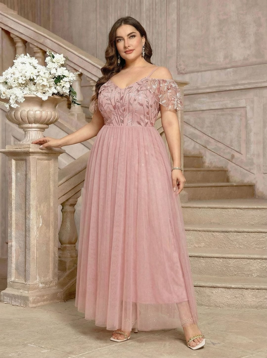 Plus Size Sequin Dress, Spaghetti Strap Flutter Sleeve