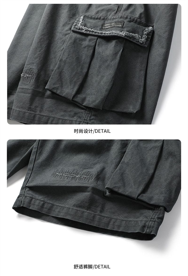 Men’s Summer Cargo 5‑Inch Shorts, American High‑Street Vibe Style, Solid Color, Ripped & Patchwork Design, Loose Casual Fit