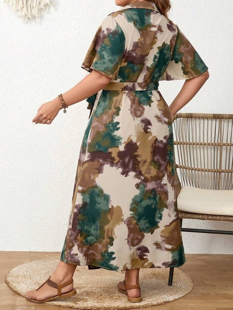 Plus Size Women's European Style Tie-dye Print V-neck Waist Tie Dress