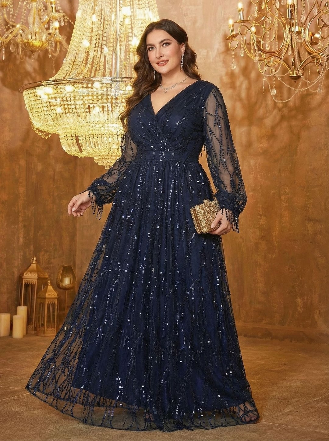 Plus Size Women Dress, European American V-Neck Long Sleeve Slit Sequin Elegant Style