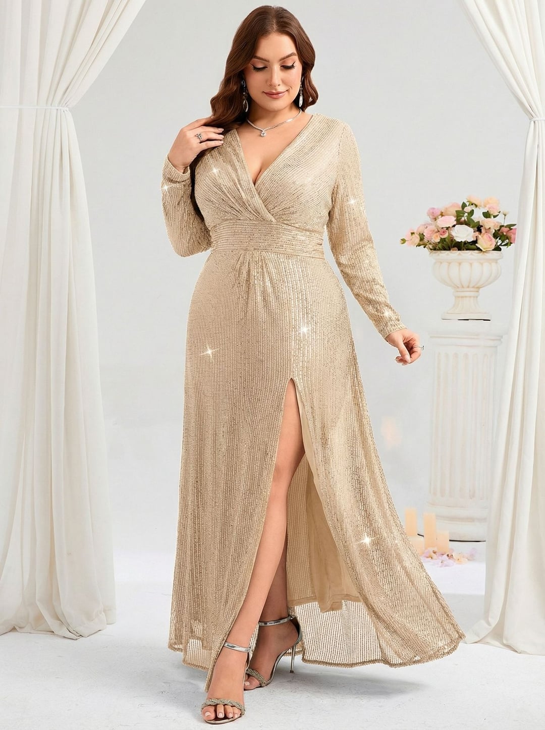 Plus Size European & American Style Evening Dress, V-Neck Long Sleeve Slit Sequin Elegant Gown