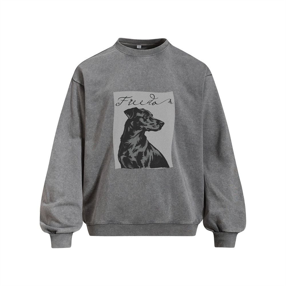 Men Vintage Street‑Wear Crew Neck Sweatshirt, Heavyweight 400G Washed Marble‑Dye with Distressed Puppy Animal Print, Loose Casual Pullover for Spring Autumn