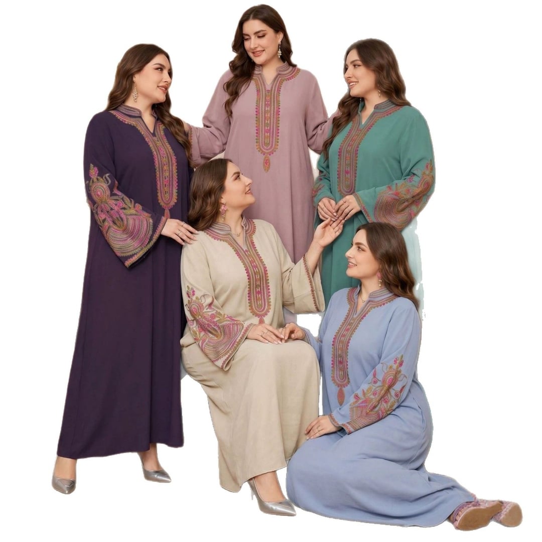 Plus size ethnic style long loose dress, small V-neck, slight satin finish