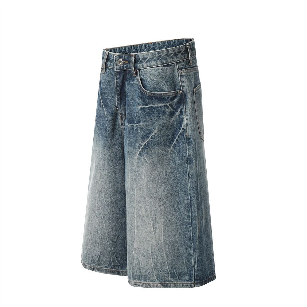 Men’s Washed Faded Denim 5‑Inch Mid Shorts, Vintage Distressed Finish, Loose Wide‑Leg Straight‑Cut Casual Cargo Streetwear Shorts