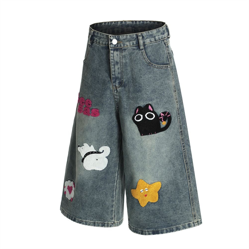 Men’s INS European Hip‑Hop Denim 5‑Inch Shorts, Fun Cartoon Motif, A‑Line Silhouette, Vintage Washed, Flock Embroidery Detail, Loose Wide‑Leg Street Shorts