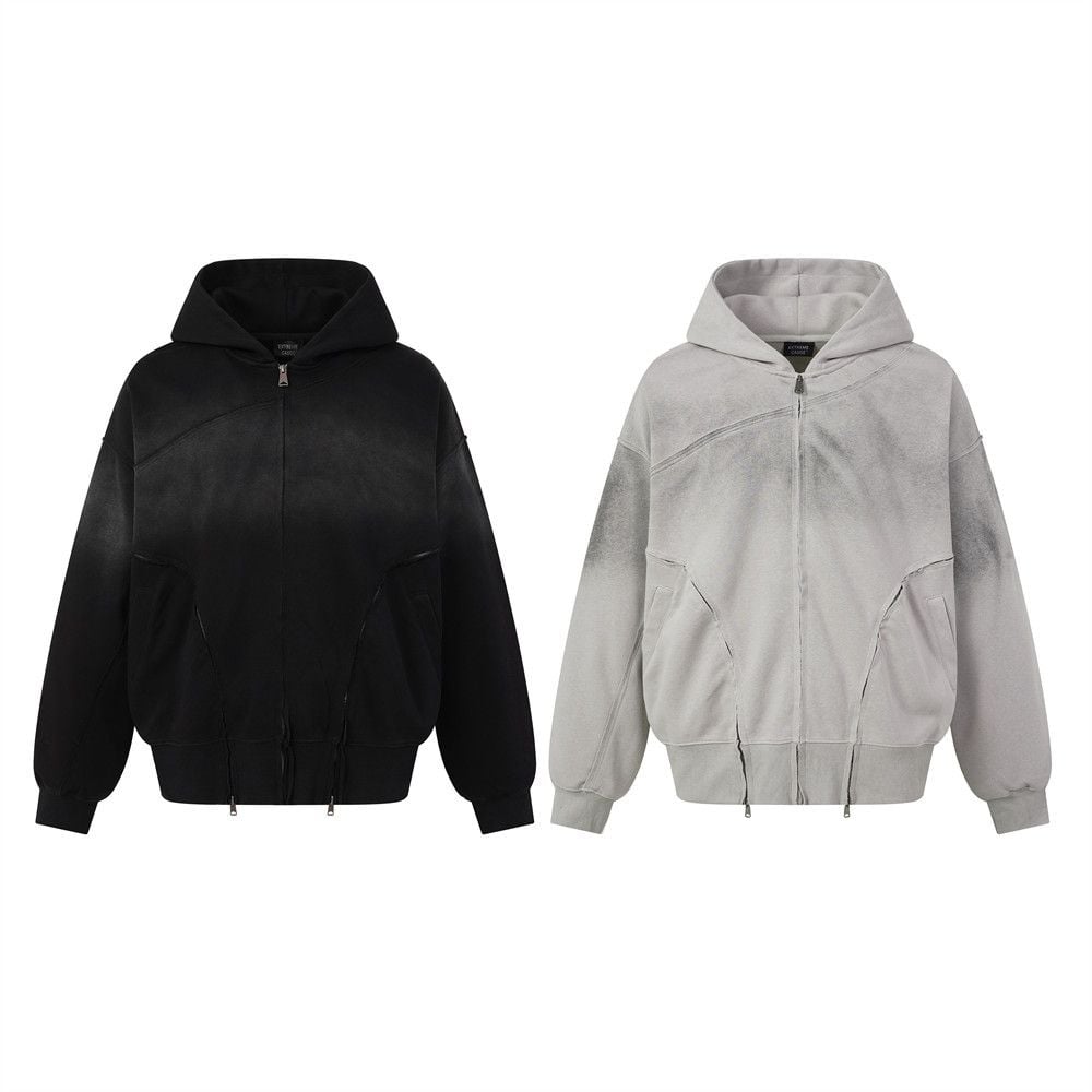 Men Hooded Jacket | Wasteland Tie‑Dye Distressed Finish, Punk Style, Multi‑Zipper Splicing, Asymmetrical Raw‑Edge Detail