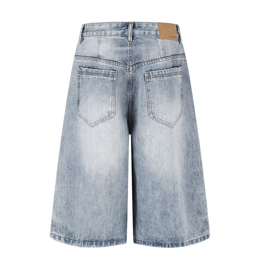Men Light‑Wash Distressed Denim 5‑Point Shorts Summer Button Fly Offset Placket Stylish Casual Shorts