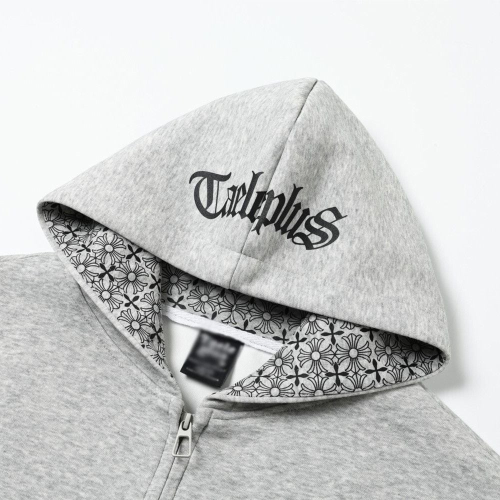 Men Vibe Streetwear Zip‑Up Hoodie Jacket, Dark‑Tone Gothic Sanskrit Letter Print Loose Casual Sweatshirt for Spring Autumn