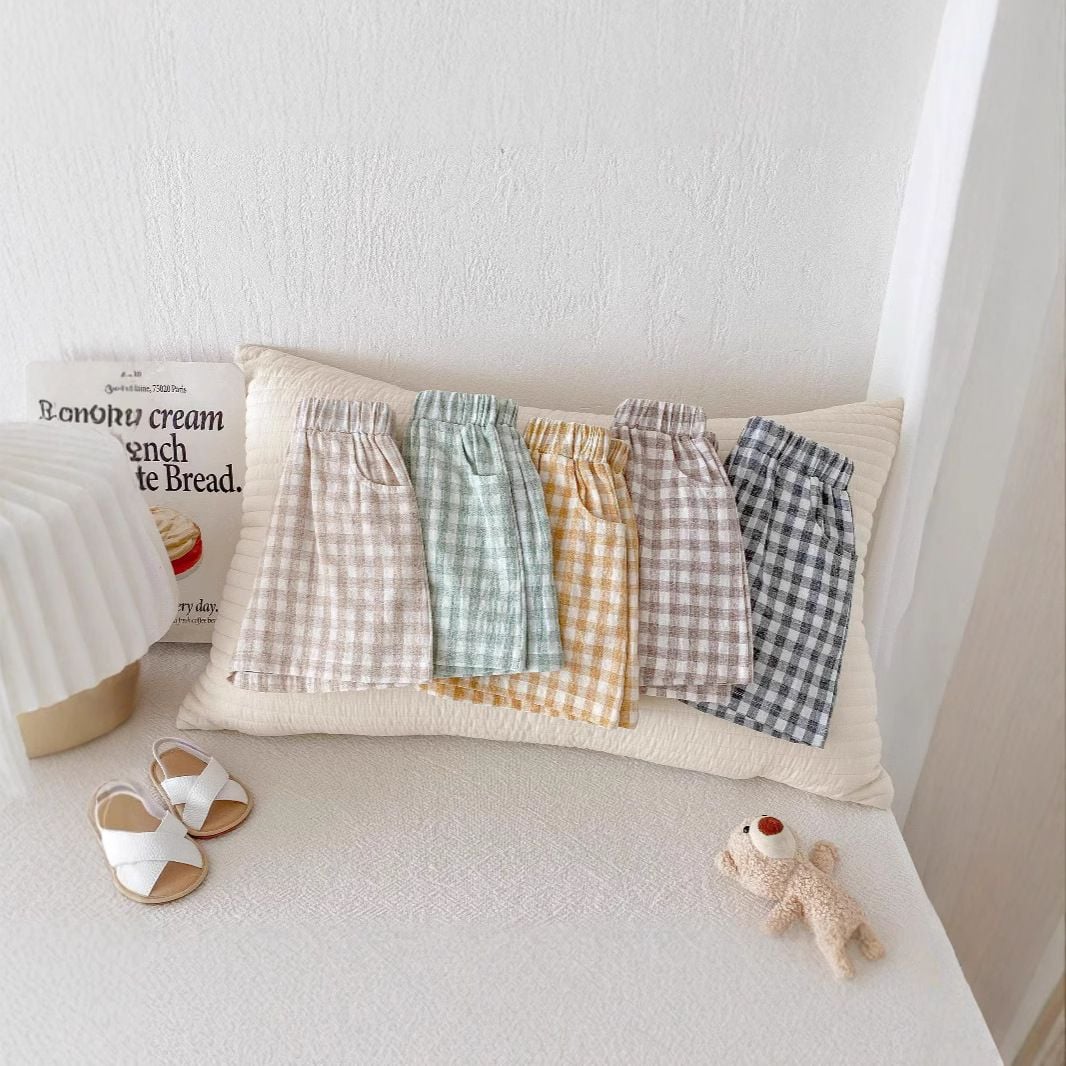 Boys Plaid Linen Cotton Shorts, Thin Breathable Casual Home Shorts for Summer