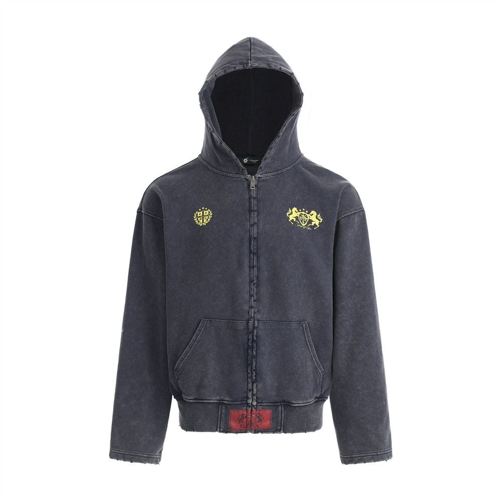 Men Streetwear Zip‑Up Hoodie Jacket, Vintage Print with Distressed Abrasion Finish, Casual Sport Sweatshirt for Spring Autumn
