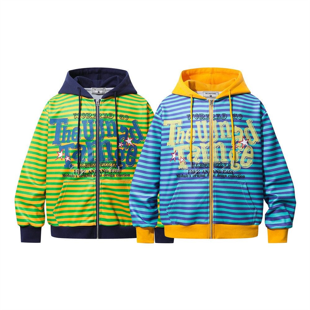 Men American‑Style Striped Letter Print Zip‑Up Hoodie, Loose Street‑wear Casual Sweatshirt Jacket for Spring and Autumn