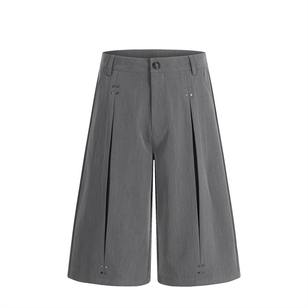 Men's Japanese‑style Streetwear Cropped Suit Trousers, Stud Detail Pleated Design, Drapey Wide‑Leg 7‑Point Shorts for Summer