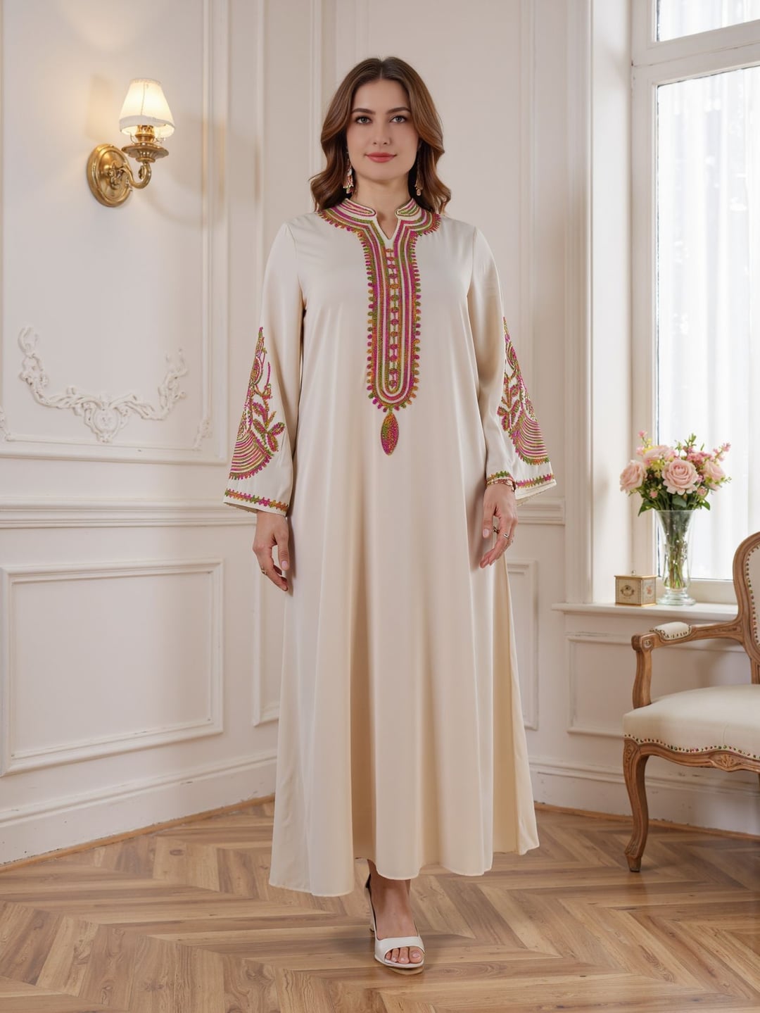 Plus Size Ethnic Loose Long Dress With Colorful Sequin Lace Decoration